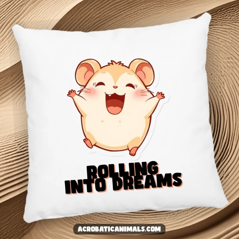 Funny Hamster Pillow: A round hamster character somersaults joyfully, soft and full of happiness.
