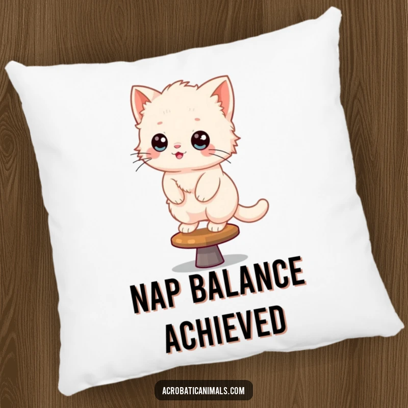 Funny Kitten Pillow: A fluffy kitten balances skillfully on a spinning gymnastics beam, soft and humorous.