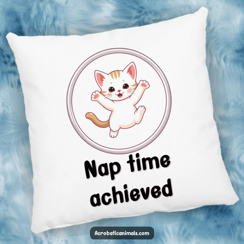 Funny Kitten Hula Hoop Pillow featuring a charming kitten skillfully navigating a hula hoop, providing comfort and humor.