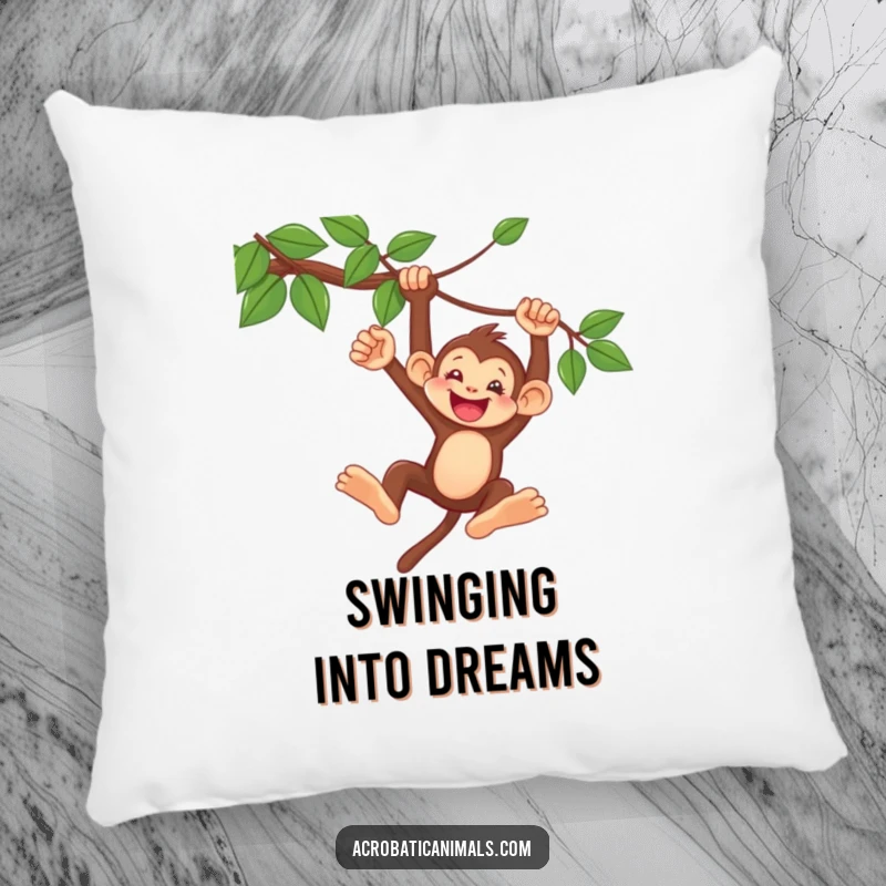 Funny Monkey Vine Swing Pillow: A plush cushion showcasing a delighted monkey swinging from a vine, offering comfort and a humorous visual.