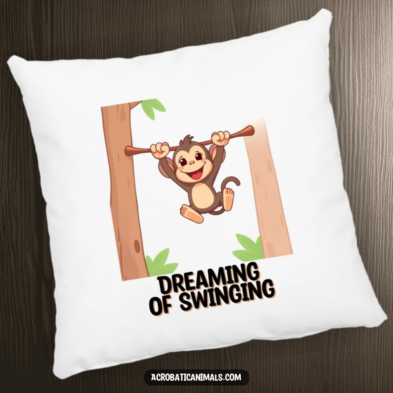 Funny pillow featuring an energetic monkey swinging with abandon, bringing comfort and playful jungle vibes to any room. Great gift.