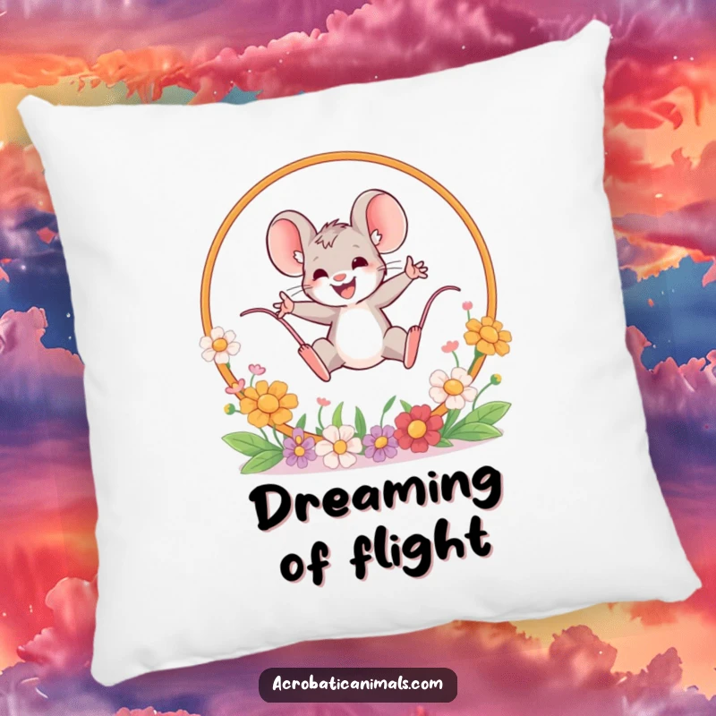 Funny mouse leaping pillow, depicting a brave mouse leaping through a flower hoop. Soft, comfortable, and humorous home accessory, excellent gift.
