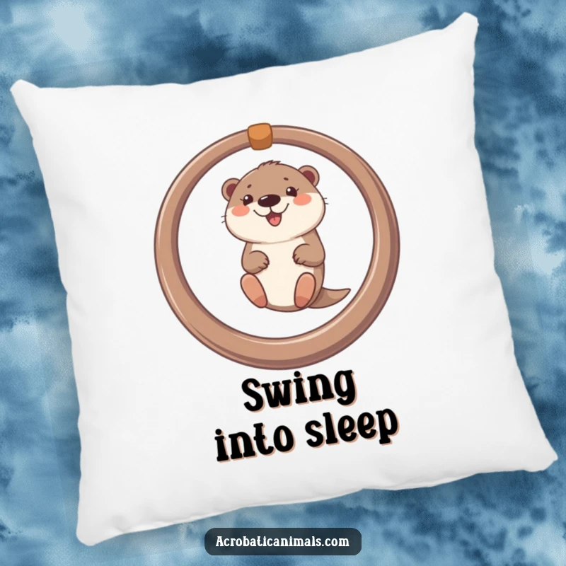 Funny pillow featuring a smiling otter swinging from a ring, offering comfort and a humorous touch to any room.