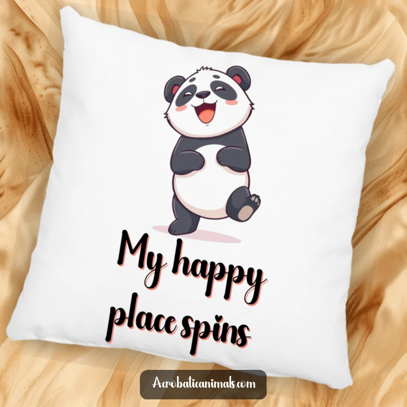 Funny pillow featuring a giggling panda doing a cartwheel, offering comfort and a dose of playful panda charm. Great gift.