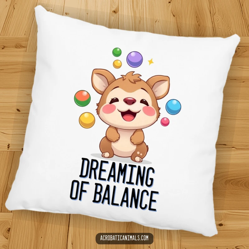 Funny pillow featuring a focused and playful animal juggling colorful balls on its nose, perfect for adding comfort and a comedic touch.