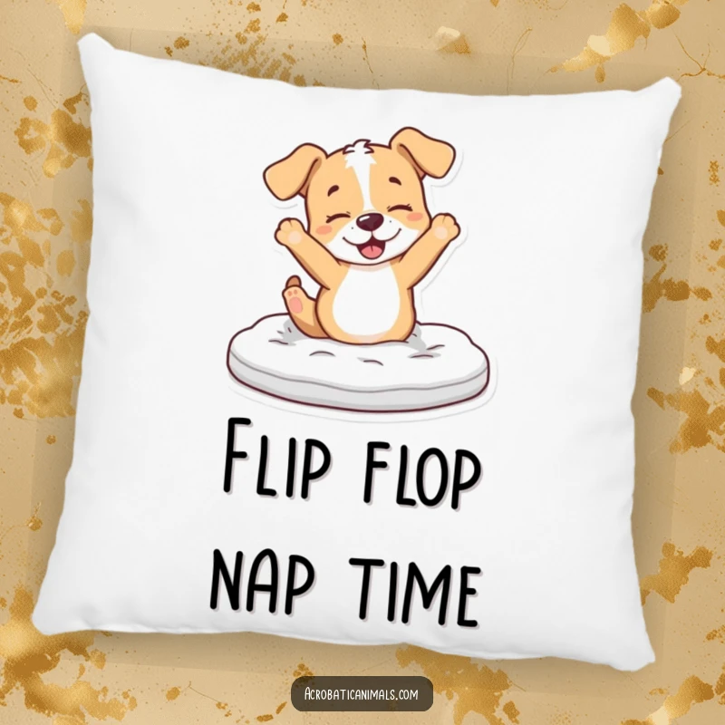 Funny Puppy Pillow: A playful puppy character dramatically flips over a foam mat, soft and full of energy.