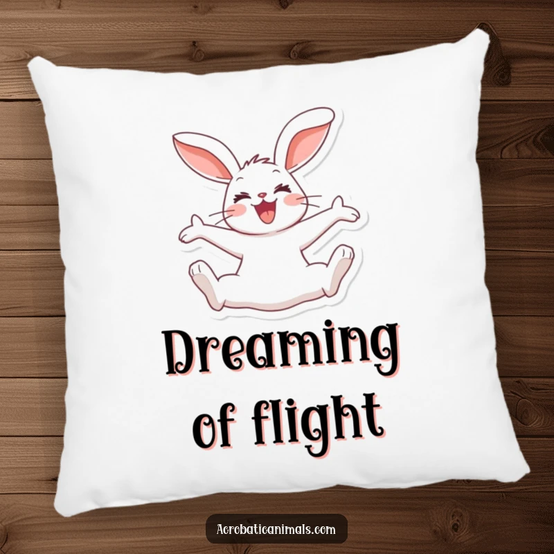 Funny rabbit pillow showing a joyous bunny doing a split jump, ears flopping, offering comfort and humorous delight.