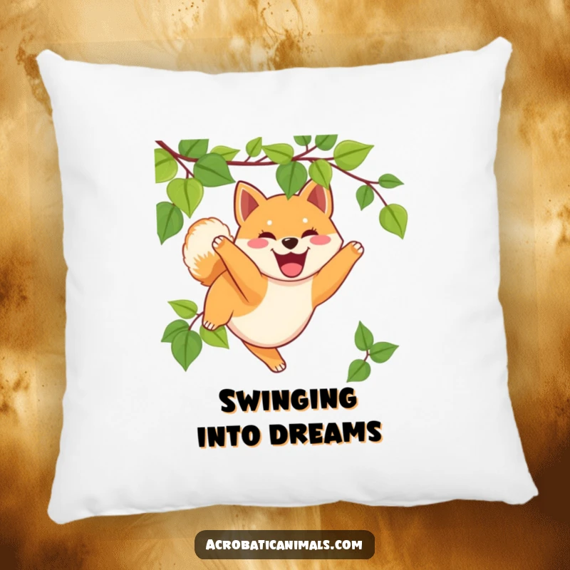 Funny Shiba Inu pillow with a cheerful puppy swinging from a vine, perfect for adding comfort and humor, an ideal funny gift.