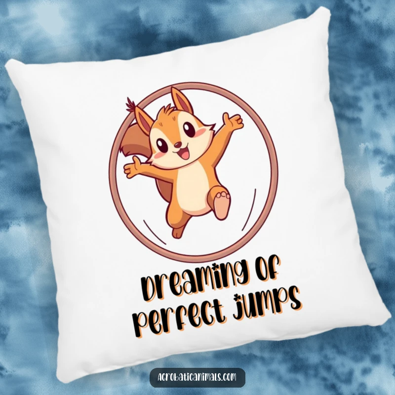 Funny pillow featuring a determined squirrel leaping through a hoop, offering comfort and a dose of ambitious humor. Great gift.