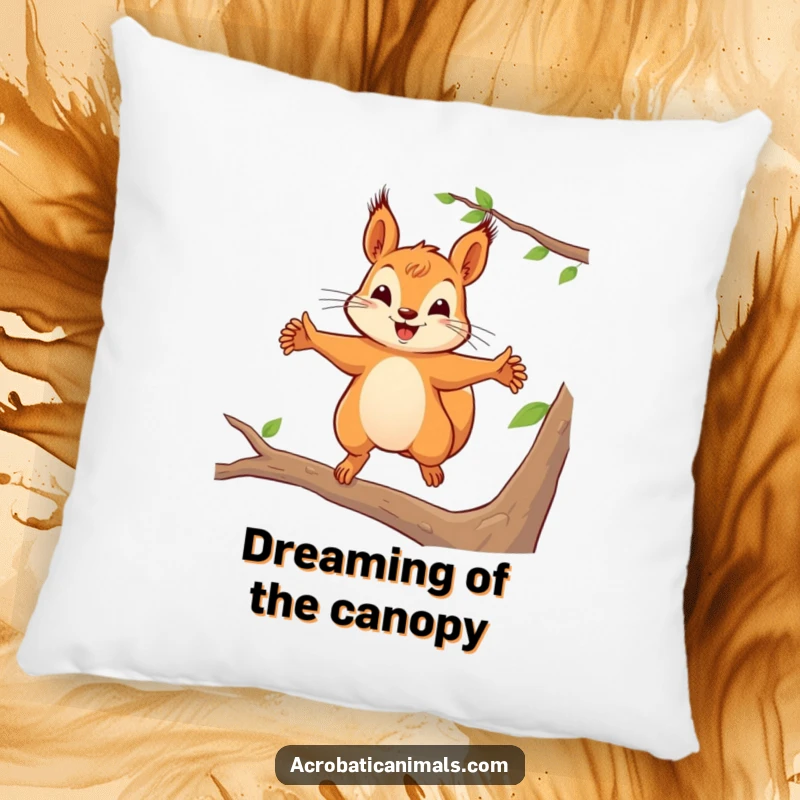 Funny squirrel pillow featuring a joyful leap between branches, perfect for adding whimsy and comfort, a delightful funny gift.