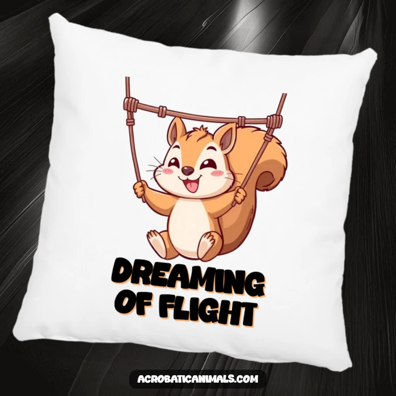 Funny pillow with a mischievous squirrel mid-air on a trapeze, adding a playful and comfortable touch to any room.