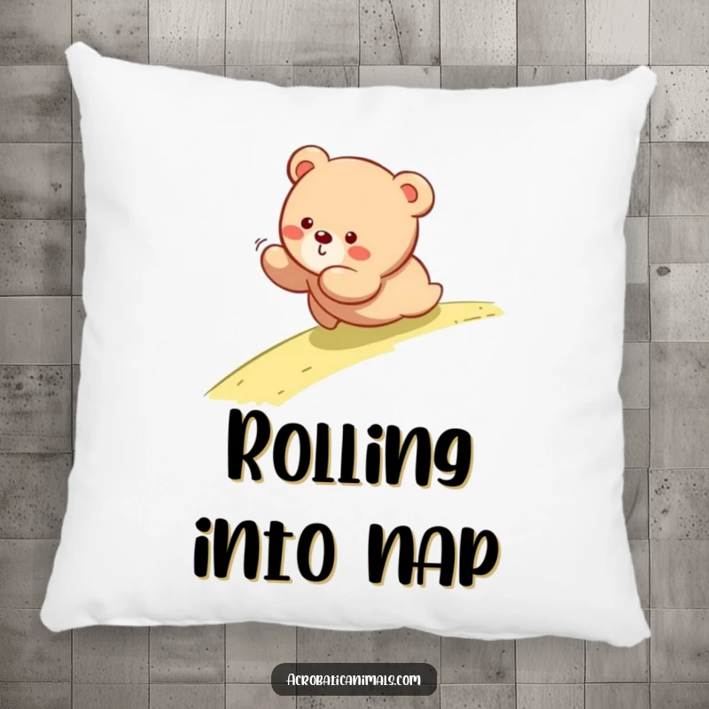 Funny pillow featuring a bear cub rolling down a slope, bringing comfort and a playful, humorous touch.