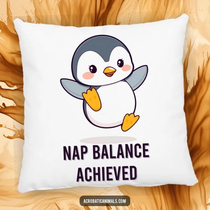 Funny Penguin Flipper Balance Pillow: A plush cushion showcasing a leaping penguin balancing on one flipper, offering comfort and a humorous visual.