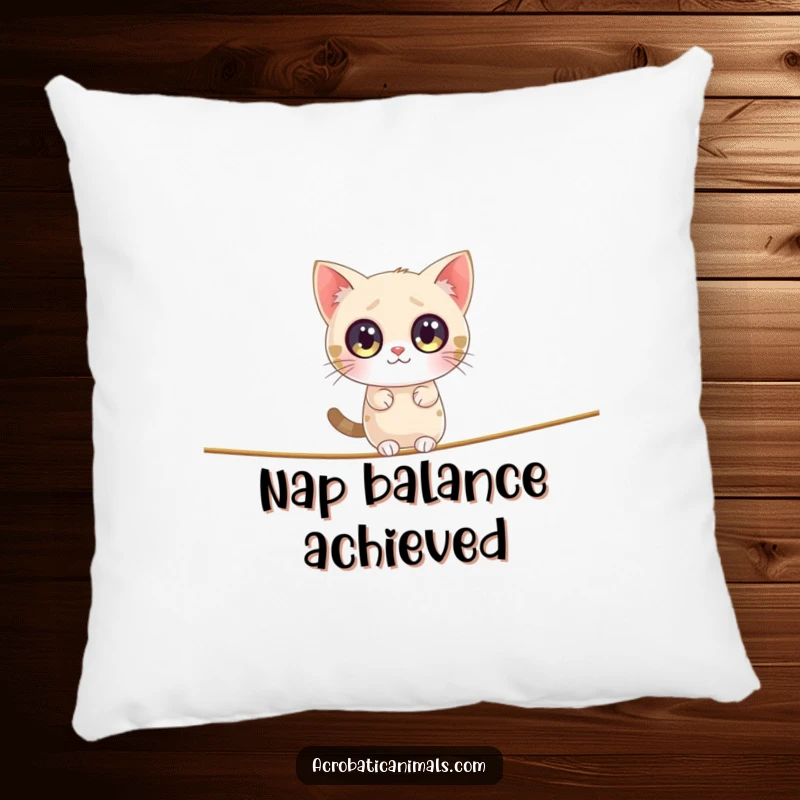 Funny cat pillow showing a chubby cat with large eyes attempting to balance on a tightrope, adding humor to any room.