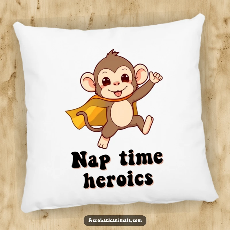 Funny pillow featuring a silly monkey superhero in a cape, captured mid-leap, offering comfort and a dose of humor.