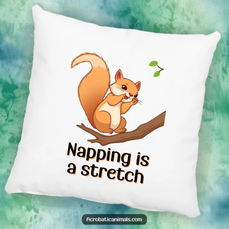 Funny squirrel pillow featuring a curious squirrel mid-somersault on a branch, offering a soft and humorous decorative touch.