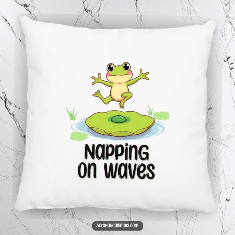 Funny pillow featuring a charming frog character balancing precariously on a spinning lily pad, offering soft, humorous comfort.