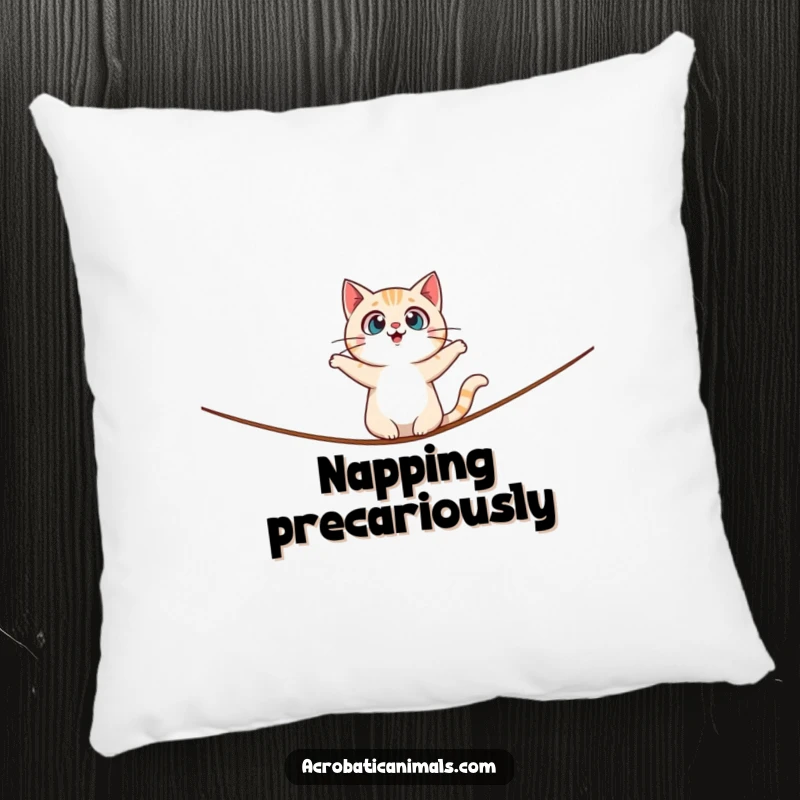 Funny pillow with a surprised cat character balancing on a tightrope, offering soft comfort and a design full of comical tension.