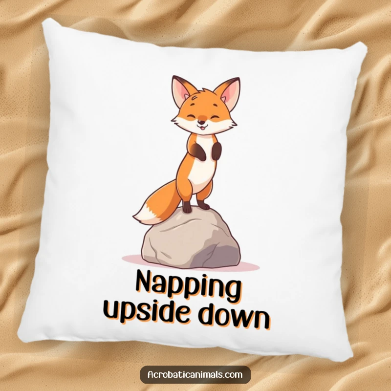 Funny pillow featuring a curious fox in a handstand on a rock, offering comfort and a quirky focal point.