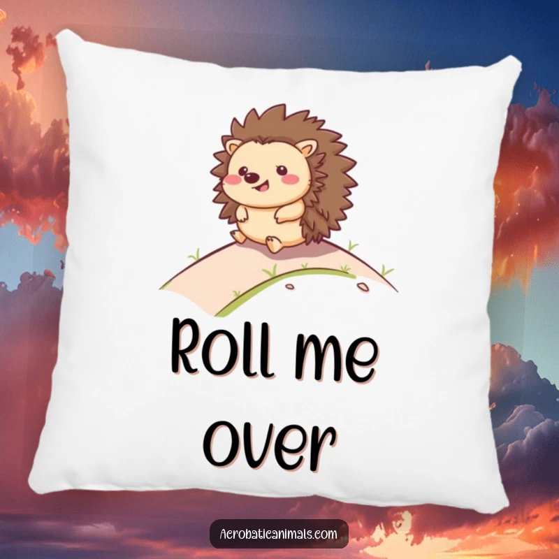 Funny pillow with a happy hedgehog rolling down a hill with a smile, adding a soft, cheerful, and humorous touch.
