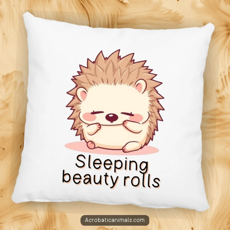 Funny hedgehog pillow featuring a small, fluffy hedgehog doing a forward roll with eyes closed, providing a soft and cute decorative touch.