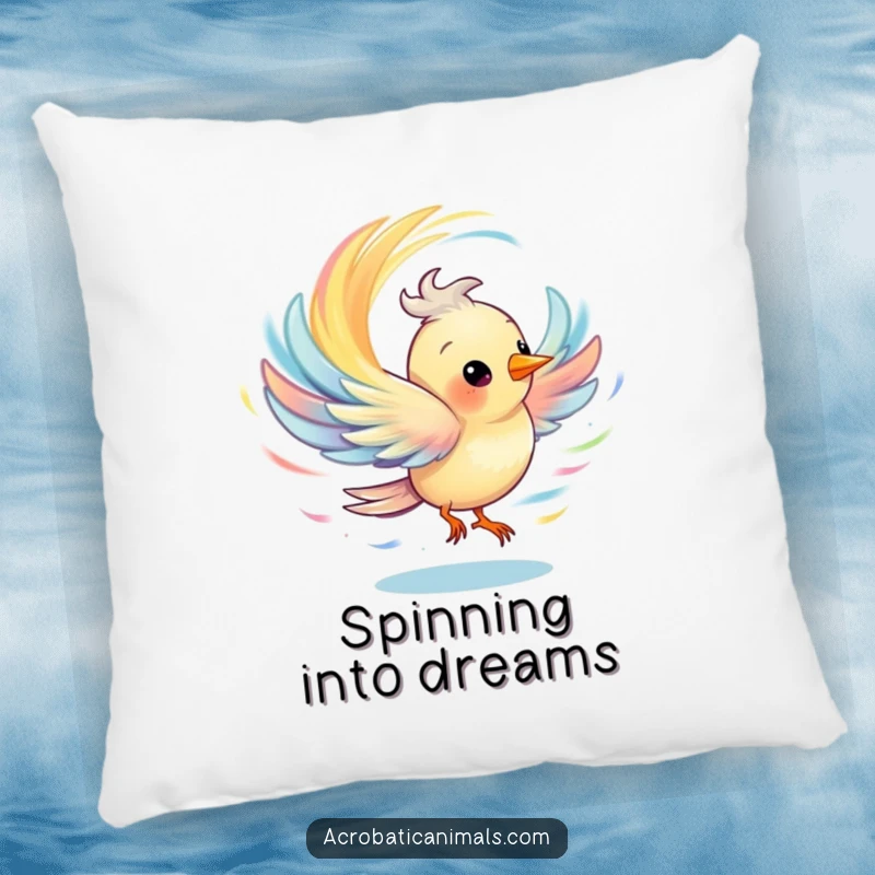 Funny pillow featuring a bird creating a vibrant, colorful whirlwind, perfect for adding a touch of whimsy.