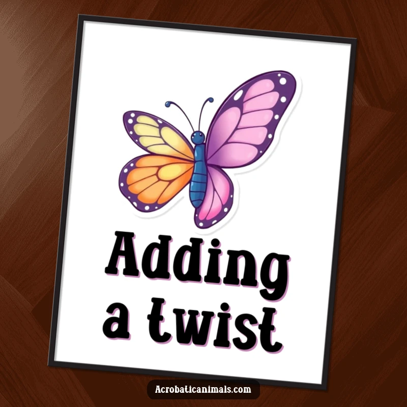 Funny butterfly digital art print of a vibrant butterfly performing a graceful aerial twist, capturing delicate beauty and movement.