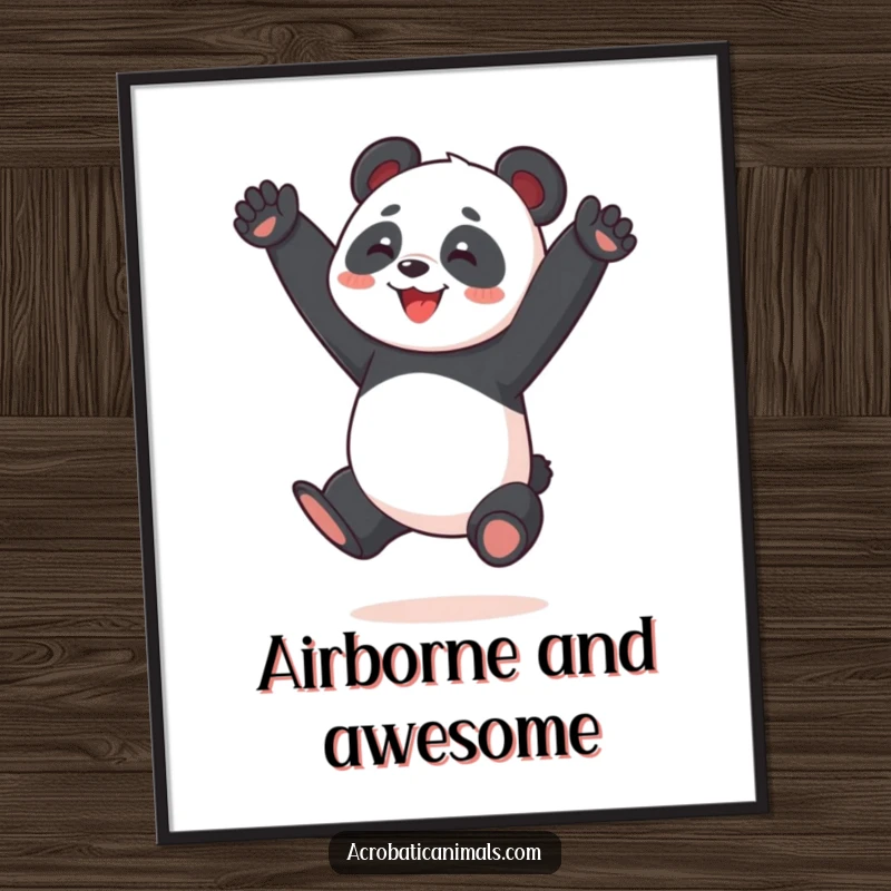 Funny Panda Acrobat Digital Art Print: A joyful panda performing a split jump, high-resolution downloadable art for instant wall decor and smiles.