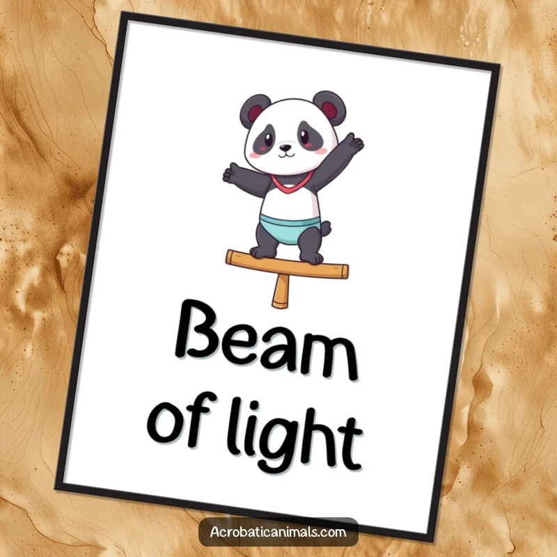 Funny digital art print of a panda character striking a confident and balanced pose on a balance beam.