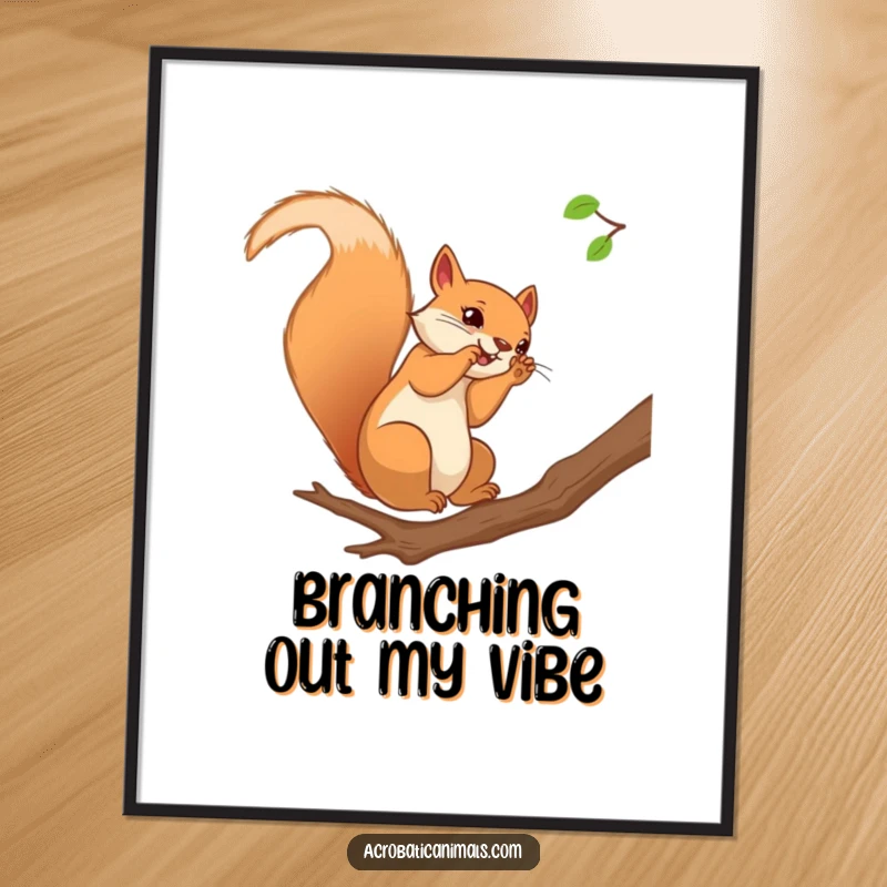 Funny squirrel digital art print of a curious squirrel doing a somersault on a branch, capturing playful movement and joy.