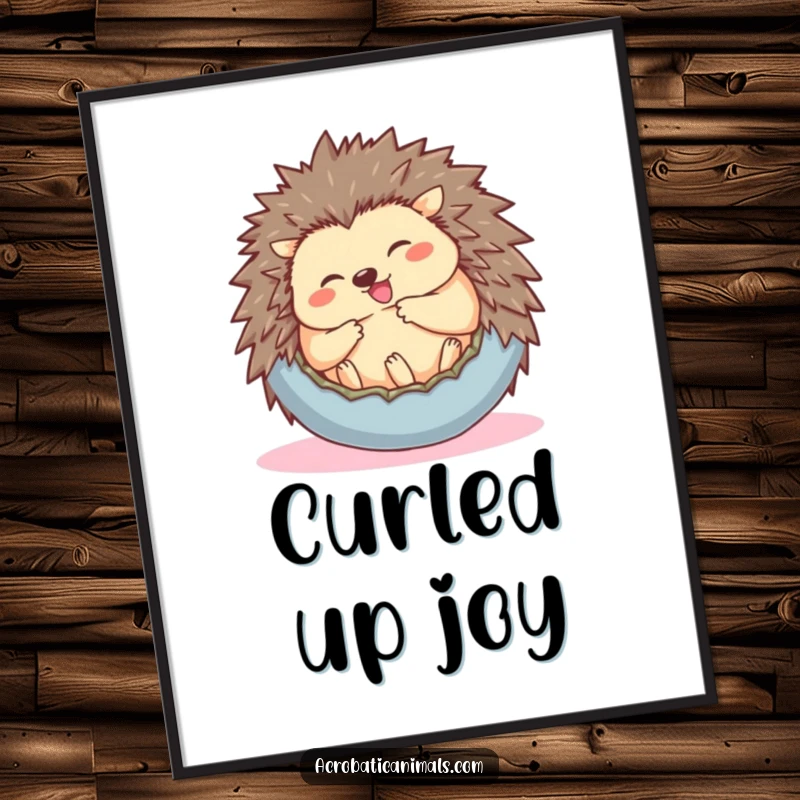 Funny digital art print of a giggling hedgehog rolling into a ball, perfect for cute and humorous wall decor.