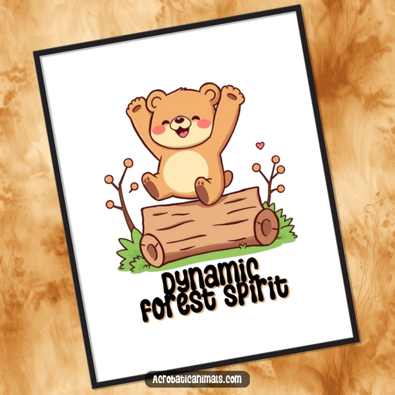 Funny digital art print of a joyful bear character performing a cartwheel over a log, bursting with energy and happiness.