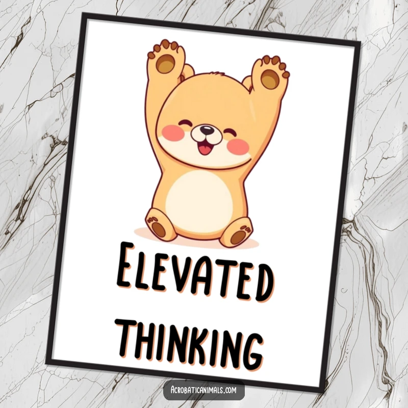 Funny bear digital art print of a happy bear doing a perfect handstand with paws up, symbolizing strength and humor for walls.