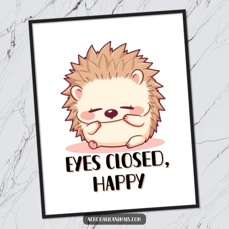 Funny hedgehog digital art print of a small, fluffy hedgehog doing a forward roll with eyes closed, capturing adorable cuteness.
