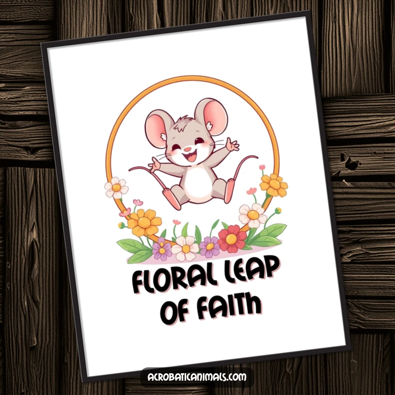 Funny mouse leaping digital art print, featuring a brave mouse jumping through a flower hoop. Instant humorous floral decor, perfect gift.