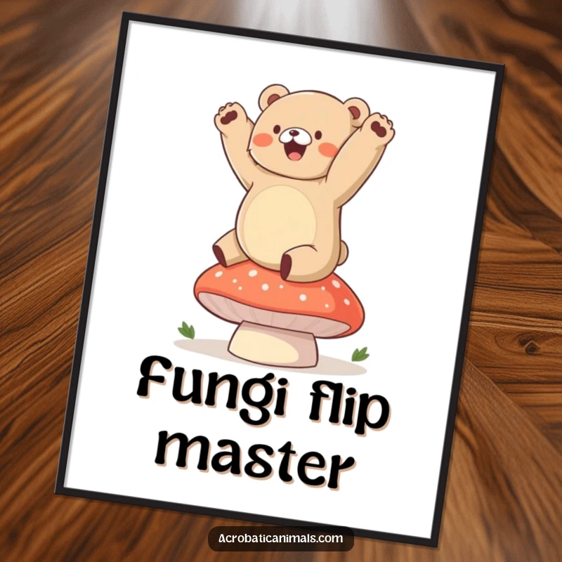 Funny bear digital art print of a chubby cub gleefully doing a handstand on a plump mushroom, conveying cuteness.
