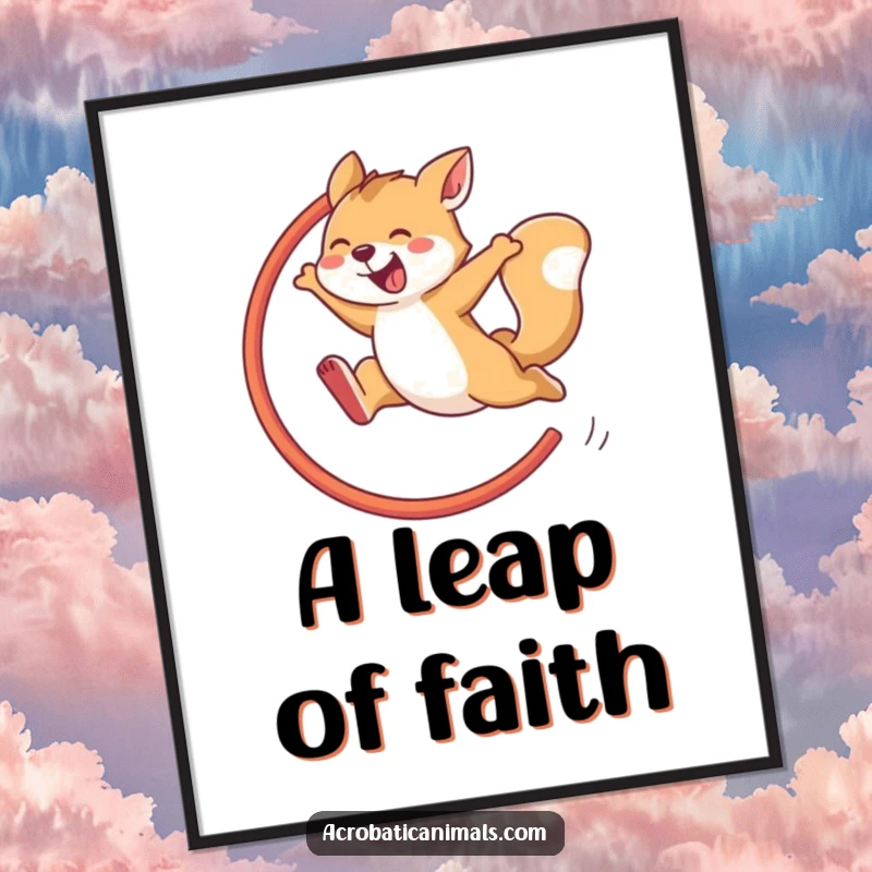 Funny digital art print of an agile animal mid-leap through a hoop, radiating energy, joy, and hilarious athletic excellence for your walls.