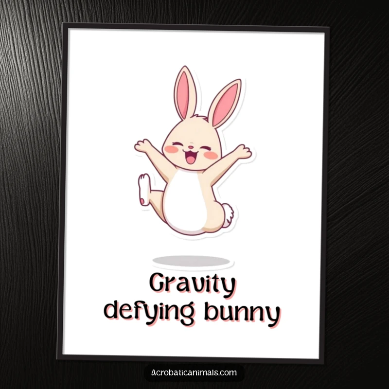 Funny bunny doing a cartwheel, rendered as a digital art print for immediate cheerful wall decor.