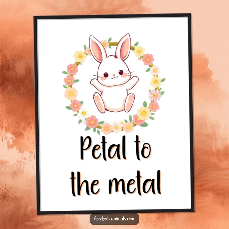 Funny bunny digital art print of a fluffy rabbit with rosy cheeks dramatically leaping through a hoop of flowers, conveying joy.