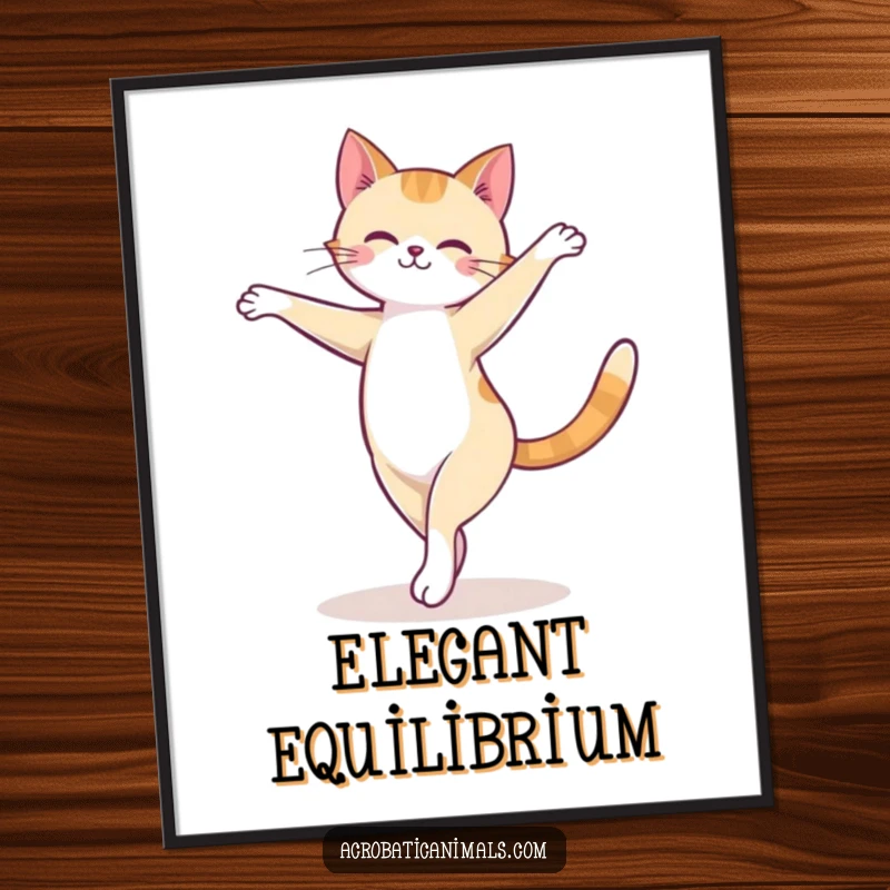Funny cat digital art print of a cute feline performing a graceful arabesque ballet turn on a balance beam, artistic and amusing.