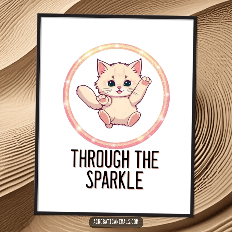 Funny cat leaping through a glittering hoop, rendered as a digital art print for immediate whimsical wall decor.