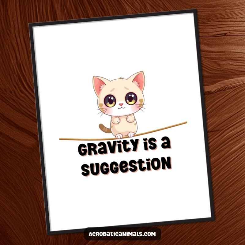 Funny cat digital art print of a small, round cat with large eyes precariously balancing on a tightrope, conveying amusement.