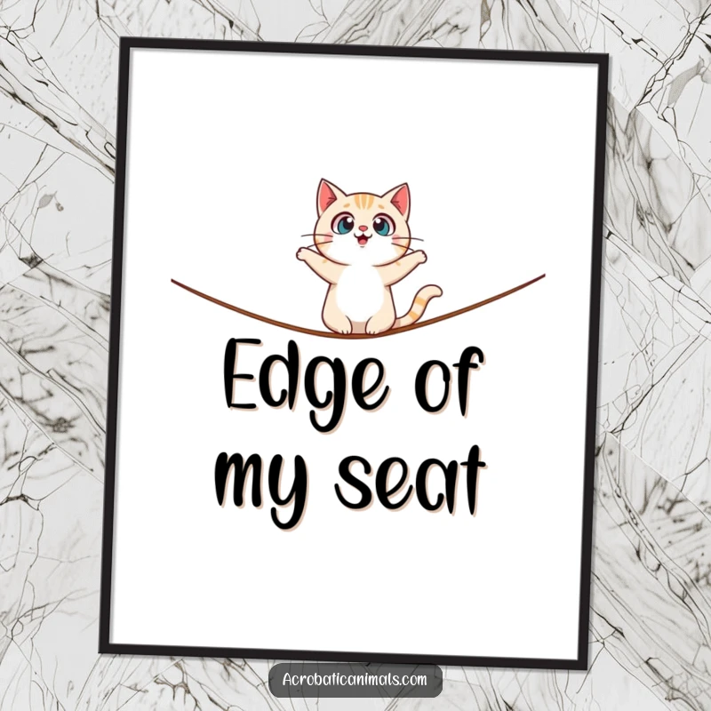 Funny digital art print of a surprised cat character precariously balancing on a tightrope, capturing comical tension and feline drama.