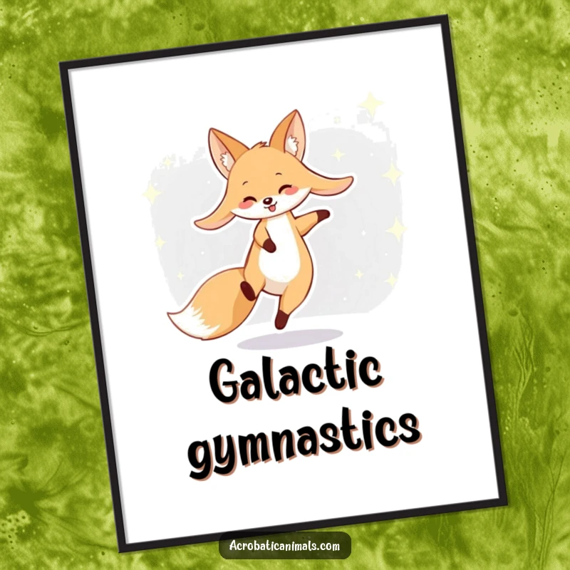 Funny fox digital art print of a smiling fox with long ears cartwheeling across a starry background, conveying fun.