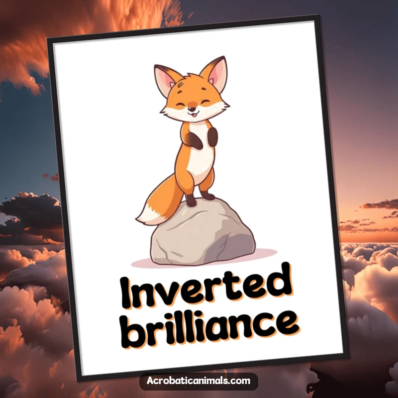 Funny digital art print of a curious fox doing a handstand on a rock, ideal for a humorous and distinctive space.