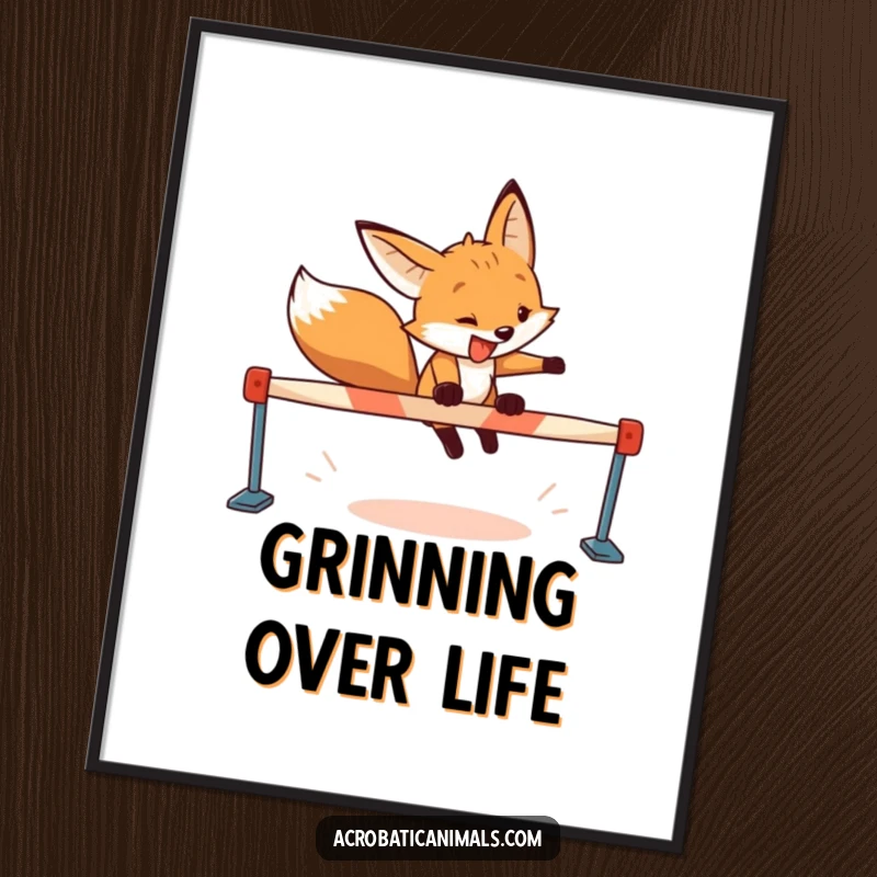 Funny fox digital art print of a determined fox with a wide grin leaping over a hurdle, symbolizing ambition and fun.