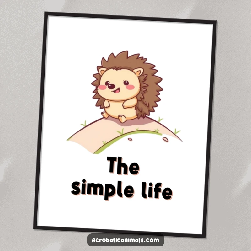 Funny digital art print of a happy hedgehog rolling down a hill with a smile, capturing a moment of pure, unadulterated joy.