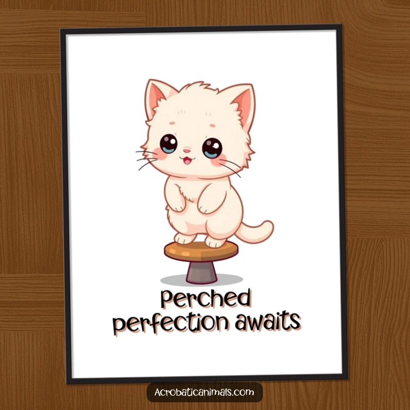 Funny Kitten Digital Art Print: A fluffy kitten performs a balancing act on a spinning gymnastics beam, full of joy.