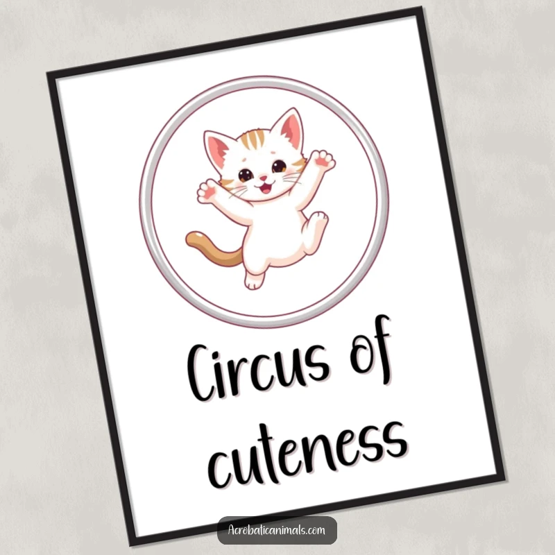 Funny Kitten Hula Hoop Digital Art Print showing an energetic kitten mid-hula hoop jump, perfect for printable wall decor and humor.