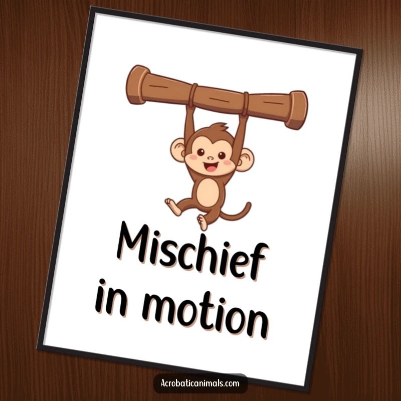 Funny monkey swinging digital art print, featuring a mischievous monkey swinging from a bar. Instant humorous jungle decor, perfect gift.
